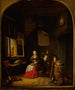 Interno di una cucina con una donna seduta che sbuccia le cipolle, un bambino che si nasconde dietro di lei e un bambino che tiene un cavolo su una botte - Jacob van Spreeuwen — vista dell’opera
