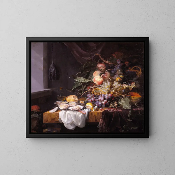 Nature morte con frutta e ostriche - Jacob van Walscapelle — quadro incorniciato alla parete