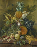 Un ananas, delle prugne, dell'uva e altri frutti con mais su un davanzale in marmo - Jacobus Linthorst — vista dell’opera