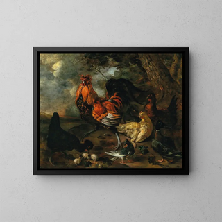 Un gallo e pollame in un paesaggio - Jacobus Victors — quadro incorniciato alla parete
