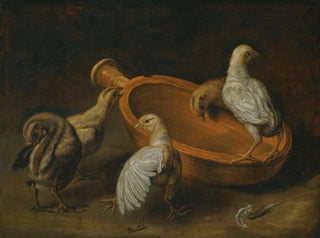 Jacobus Victors - Five Chicks Assembled Around A Bowl Of Water.webp