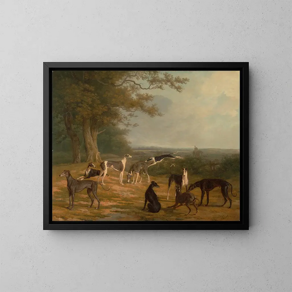 Nuovi levrieri in un paesaggio - Jacques-Laurent Agasse — quadro incorniciato alla parete