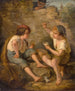Due ragazzi che giocano a carte osservati da un insegnante dietro il muro di pietra - Jacques Alfred van Muyden — vista dell’opera
