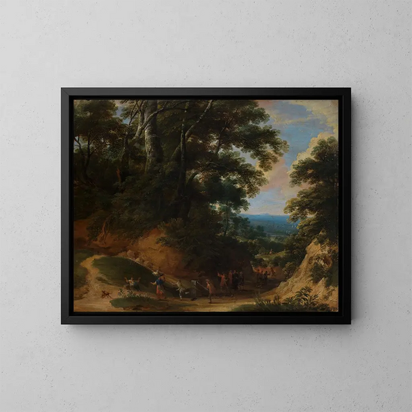 Strada sterrata con soldati che attaccano contadini - Jacques d'Arthois — quadro incorniciato alla parete