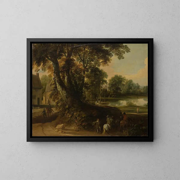 Paesaggio con un gruppo di alberi sul bordo di un lago, tre cavalieri sulla strada in primo piano - Jacques d'Arthois — quadro incorniciato alla parete