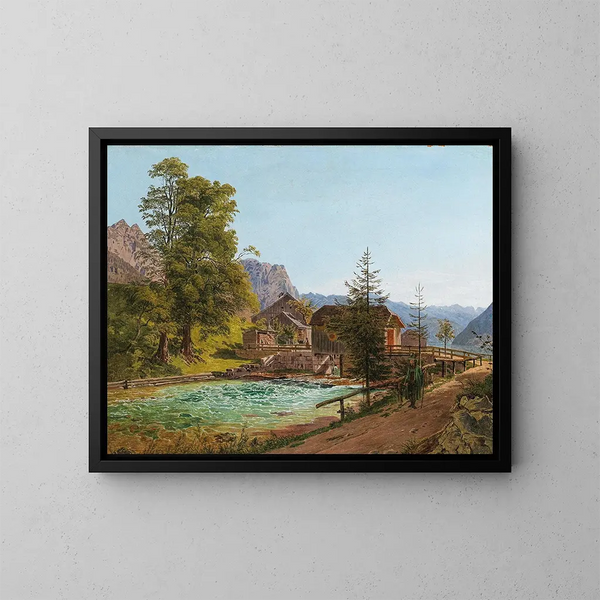 Passeggiata nel Salzkammergut al lago di Grundlsee con il fiume Traun sullo sfondo a sinistra il Backenstein - Jakob Alt — quadro incorniciato alla parete