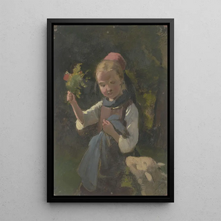 Jakob Becker - Bauernmdchen mit Blumenstrau von rechts ein ein Schaf.webp