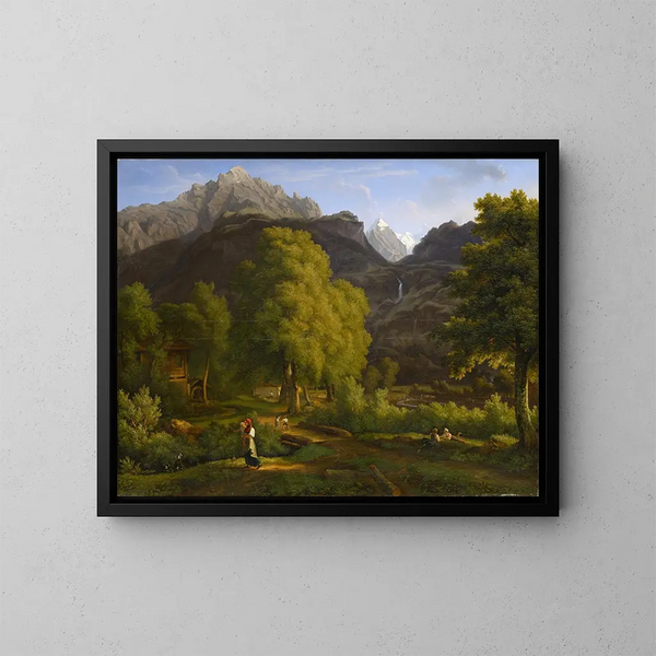 Nel villaggio di Meiringen verso il Well e il Wetterhorn - Jakob Christoph Miville — quadro incorniciato alla parete