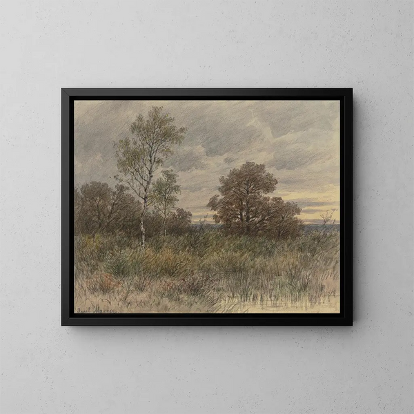 Paesaggio piovoso con querce e betulle in un terreno paludoso - Jakob Maurer — quadro incorniciato alla parete