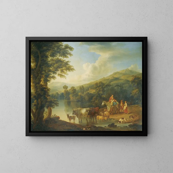 Un paesaggio fluviale boscoso con una donna su un cavallo grigio e animali che si abbeverano - Jakob Philipp Hackert — quadro incorniciato alla parete