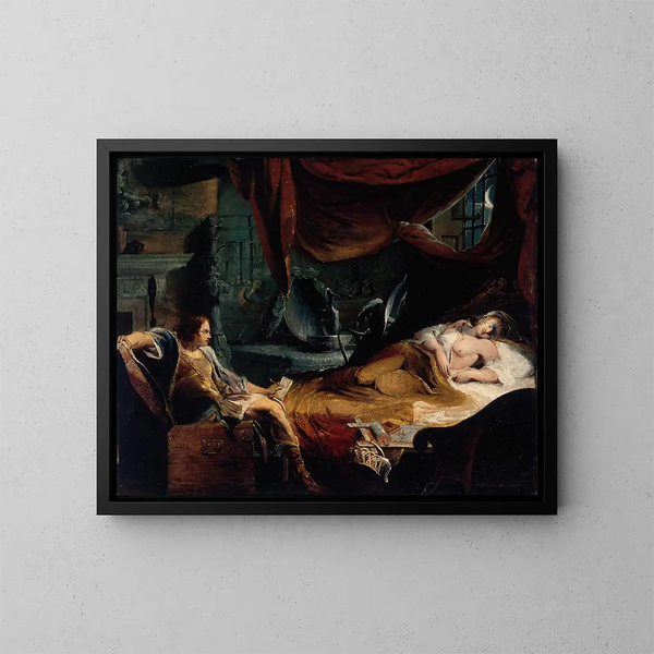 Iachimo che emerge dalla cassa nella stanza di Imogene - James Barry — quadro incorniciato alla parete