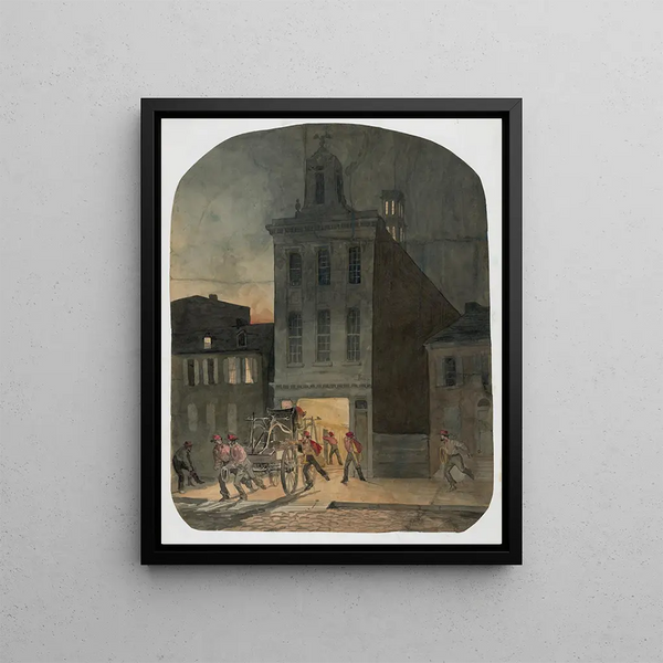 Scena di caserma dei pompieri a Filadelfia che mostra i pompieri della Weccacoe Engine Co. - James Fuller Queen — quadro incorniciato alla parete