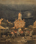 Scena di caserma dei pompieri che mostra dei pompieri che lasciano la caserma tirando un camion dei pompieri disegnato a mano - James Fuller Queen — vista dell’opera