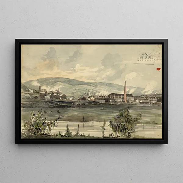 Vista sul fiume con fabbrica - James Fuller Queen — quadro incorniciato alla parete