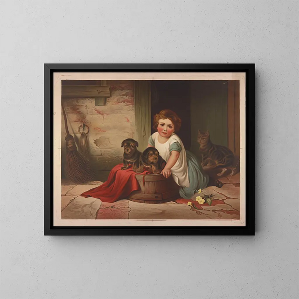 Piccola ragazza appoggiata contro una vasca rovesciata - James Fuller Queen — quadro incorniciato alla parete