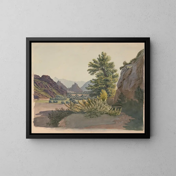 Scena dell'Ovest con colline e forse una comunità pueblo in lontananza vista da un burrone con un pioppo. - James Fuller Queen — quadro incorniciato alla parete