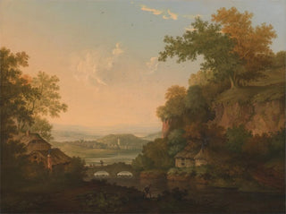 Una scena di un fiume con capanne di paglia vicino a un ponte su una chiusa - James Lambert de Lewes — vista dell’opera
