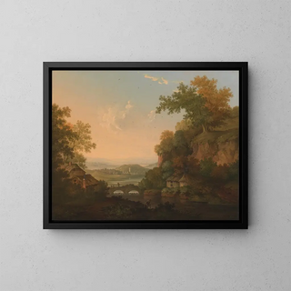 Una scena di un fiume con capanne di paglia vicino a un ponte su una chiusa - James Lambert de Lewes — quadro incorniciato alla parete
