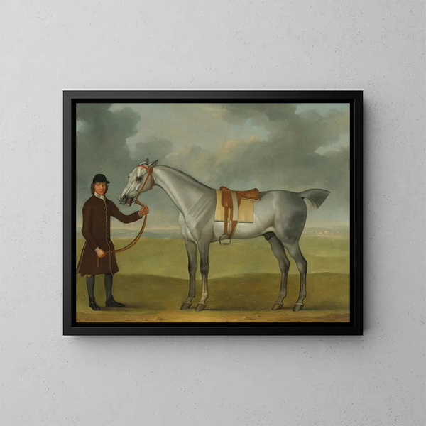 M. Thomas Panton e un cavallo da corsa grigio tenuto da un groom su Newmarket Heath - James Seymour — quadro incorniciato alla parete