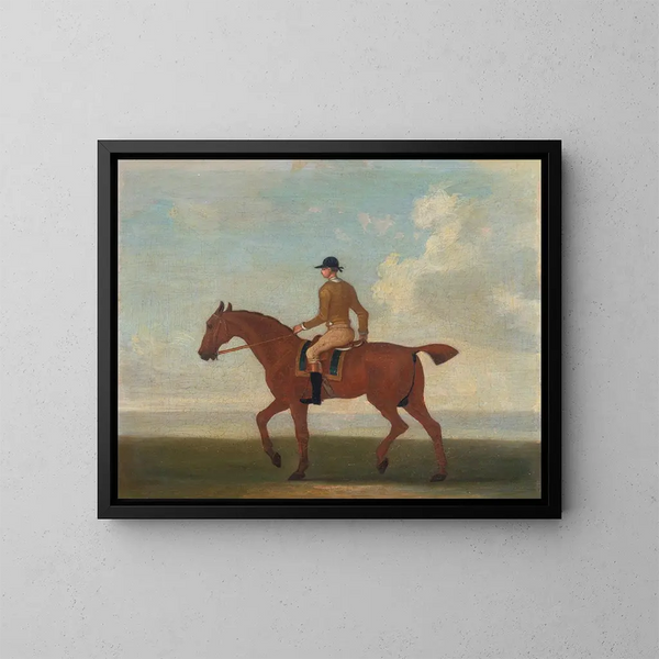 Uno dei quattro ritratti di cavalli, un cavallo da corsa baio con fantino che cammina verso sinistra - James Seymour — quadro incorniciato alla parete