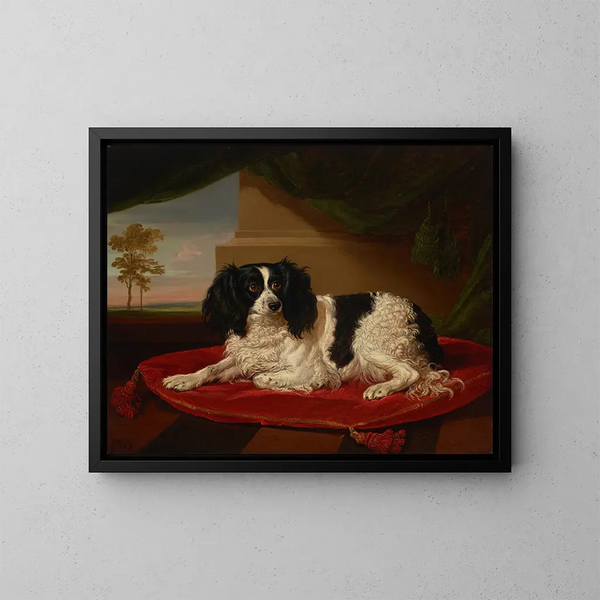 Un épagneul King Charles sur un coussin rouge - James Ward — quadro incorniciato alla parete