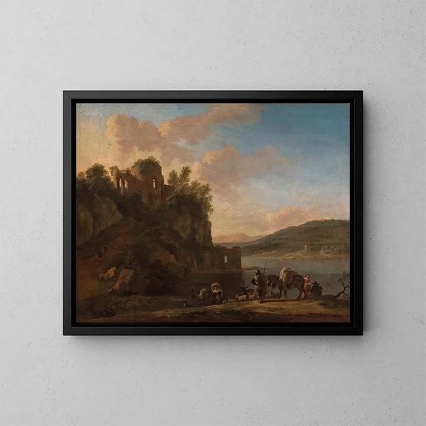 Un paesaggio fluviale all'italiana con pastori su un sentiero con il loro gregge e asini - Jan Asselijn — quadro incorniciato alla parete