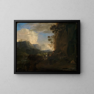 Jan Asselijn - Felsiges Gebirgstal mit Bach und Hirtengruppe.webp