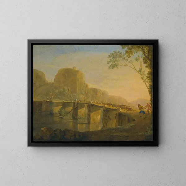 Paesaggio con pastori e il loro gregge che attraversano il Ponte Acquoria vicino a Tivoli - Jan Asselijn — quadro incorniciato alla parete