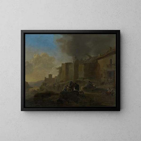 Paesani sul bordo di un fiume - Jan Asselijn — quadro incorniciato alla parete