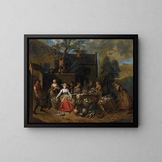 Una compagnia elegante in un paesaggio tra diversi frutti e verdure, una donna con una carriola che entra da destra - Jan Baptist Lambrechts — quadro incorniciato alla parete