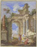 Nelle rovine dell'architettura romana, le tre Parche erigono un leone in marmo - Jan Baptist Weenix — vista dell’opera