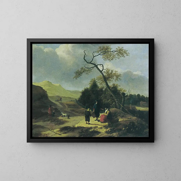 Paesaggio con cacciatori e viaggiatori in riposo - Jan Baptist Wolfaerts — quadro incorniciato alla parete