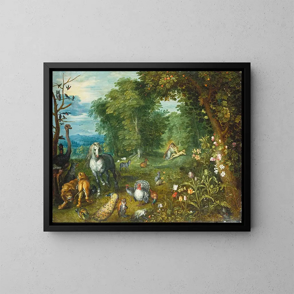 Il Paradiso con la Creazione di Eva - Jan Brueghel il Giovane — quadro incorniciato alla parete