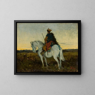 Cavaliere orientale su un cavallo bianco - Jan Chełmiński — quadro incorniciato alla parete