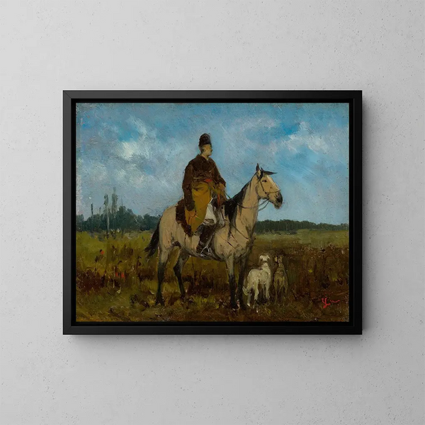 Cavaliere a cavallo con levrieri - Jan Chełmiński — quadro incorniciato alla parete
