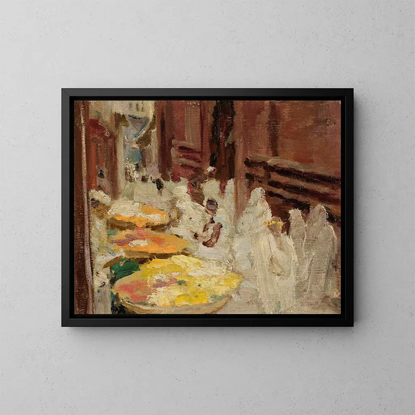 Vache sacra a Benares, fiori e fiera del viaggio in India - Jan Cybis — quadro incorniciato alla parete