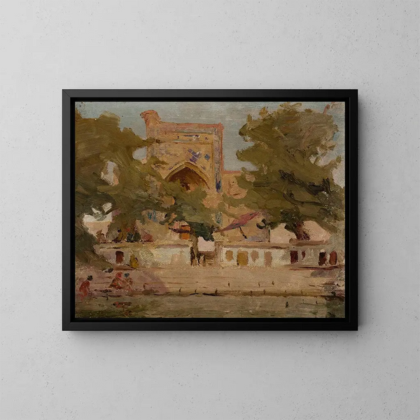 Moschea antica di Bukhara sul lago - Jan Cybis — quadro incorniciato alla parete