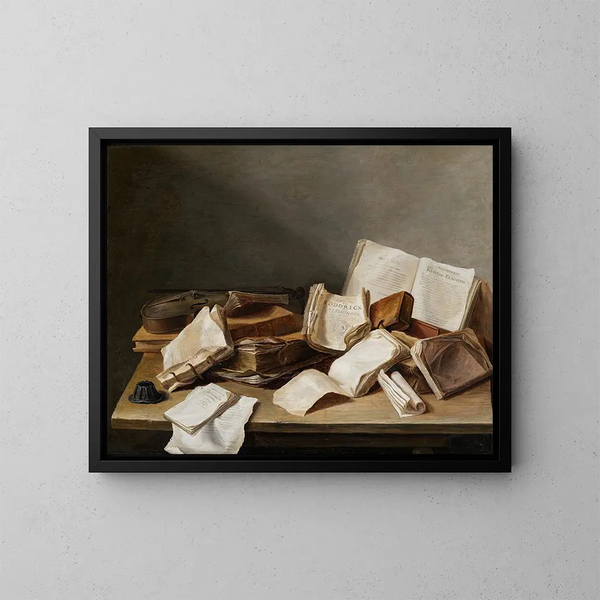 Nature morte con libri e un violino - Jan Davidsz de Heem — quadro incorniciato alla parete