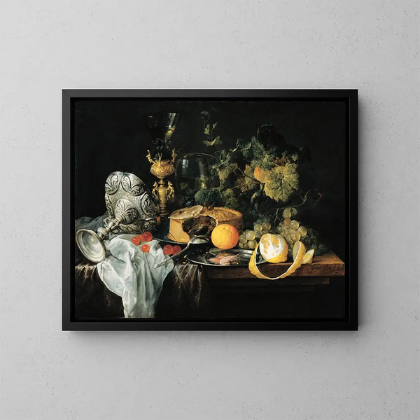 Nature morte suntuosa con torta di frutta e coppe - Jan Davidsz de Heem — quadro incorniciato alla parete