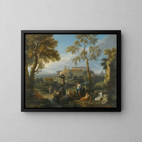 Figures classiche sedute vicino a rovine in un paesaggio italiano - Jan Frans van Bloemen — quadro incorniciato alla parete