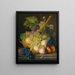 Una natura morta con uva e pesche in un cesto, una melagrana aperta, prugne, uva nera e altre pesche, il tutto su un davanzale in marmo - Jan Frans van Dael — quadro incorniciato alla parete