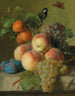 Natura morta di pesche, uva e prugne su un bordo di pietra con un uccello e una farfalla - Jan Frans van Dael — vista dell’opera