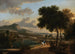 Un vasto paesaggio con viaggiatori, pescatori e conduttori di bestiame su un sentiero con un ponte romano oltre - Jan Hackaert — vista dell’opera