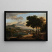 Un vasto paesaggio con viaggiatori, pescatori e conduttori di bestiame su un sentiero con un ponte romano oltre - Jan Hackaert — quadro incorniciato alla parete