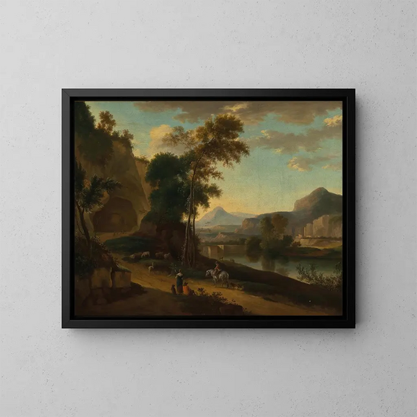 Un vasto paesaggio fluviale con viaggiatori - Jan Hackaert — quadro incorniciato alla parete