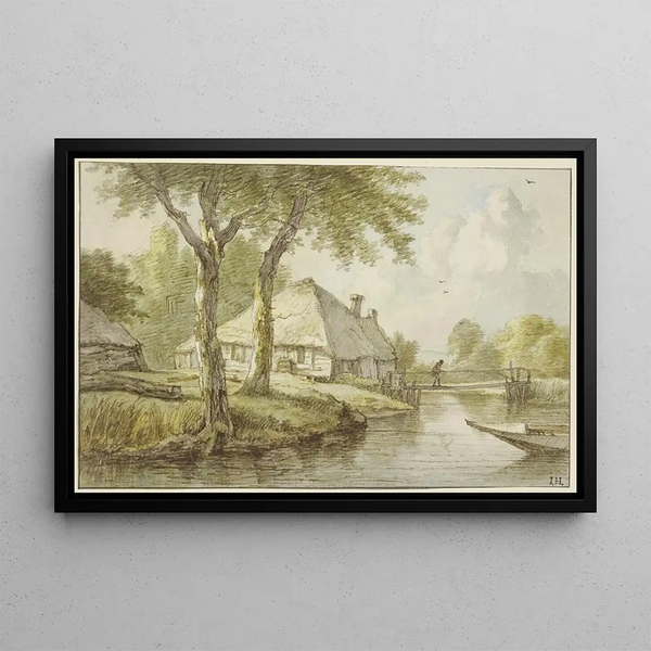 Jan Hulswit - Bei zwei Bumen ein Haus am Wasser ein Steg rechts die Spitze eines Kahnes.webp