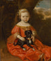 Ritratto di una giovane ragazza in abito rosso con il suo cane in un paesaggio - Jan Jansz de Stomme — vista dell’opera