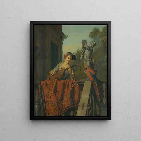 Jan Josef Horemans The Elder - An Elegant Figure Playing A Guitar At a Balustrade With a Macaw.webp