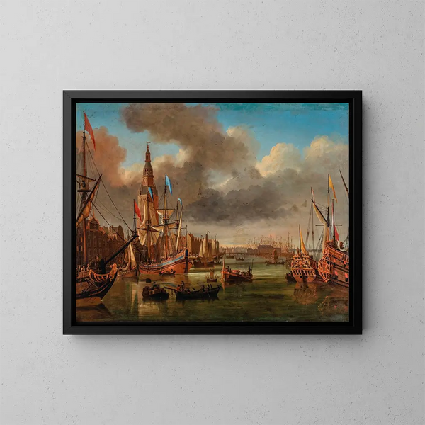 Vista dell'IJ ad Amsterdam con la Haringpakkerstoren e la Nieuwe Stadsherberg in lontananza - Jan Karel Donatus van Beecq — quadro incorniciato alla parete