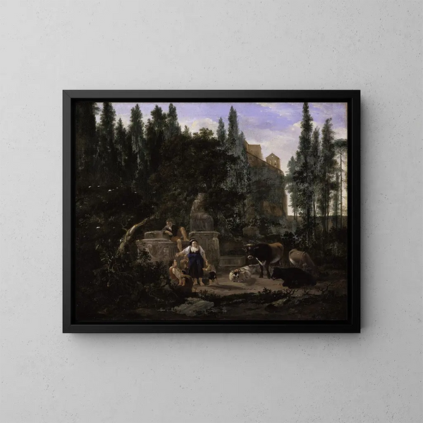 Un paesaggio italiano con figure e bestiame - Jan Lapp — quadro incorniciato alla parete